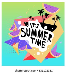 Summer time vector banner design with white abstract background for text and colorful tropical beach elements. Vector illustration template for event. 