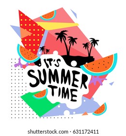 Summer time vector banner design with white abstract background for text and colorful tropical beach elements. Vector illustration template for event. 