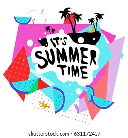 Summer time vector banner design with white abstract background for text and colorful tropical beach elements. Vector illustration template for event. 