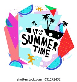 Summer time vector banner design with white abstract background for text and colorful tropical beach elements. Vector illustration template for event. 
