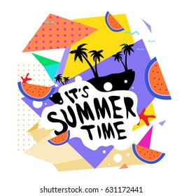 Summer time vector banner design with white abstract background for text and colorful tropical beach elements. Vector illustration template for event. 