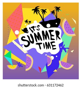 Summer time vector banner design with white abstract background for text and colorful tropical beach elements. Vector illustration template for event. 