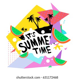 Summer time vector banner design with white abstract background for text and colorful tropical beach elements. Vector illustration template for event. 