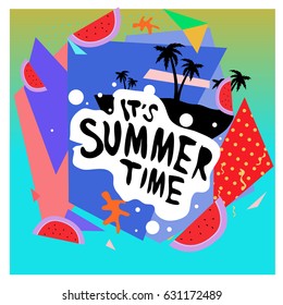 Summer time vector banner design with white abstract background for text and colorful tropical beach elements. Vector illustration template for event. 