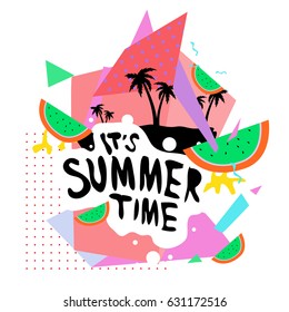 Summer time vector banner design with white abstract background for text and colorful tropical beach elements. Vector illustration template for event. 