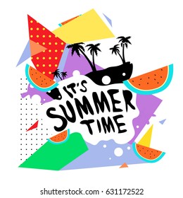 Summer time vector banner design with white abstract background for text and colorful tropical beach elements. Vector illustration template for event. 