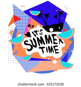 Summer time vector banner design with white abstract background for text and colorful tropical beach elements. Vector illustration template for event. 