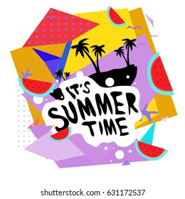 Summer time vector banner design with white abstract background for text and colorful tropical beach elements. Vector illustration template for event. 