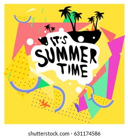 Summer time vector banner design with white abstract background for text and colorful tropical beach elements. Vector illustration template for event. 
