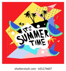 Summer time vector banner design with white abstract background for text and colorful tropical beach elements. Vector illustration template for event. 