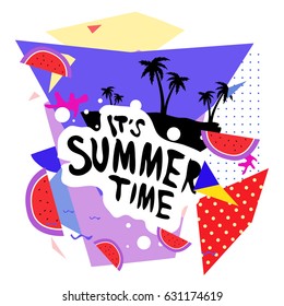 Summer time vector banner design with white abstract background for text and colorful tropical beach elements. Vector illustration template for event. 