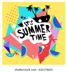 Summer time vector banner design with white abstract background for text and colorful tropical beach elements. Vector illustration template for event. 