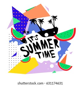 Summer time vector banner design with white abstract background for text and colorful tropical beach elements. Vector illustration template for event. 