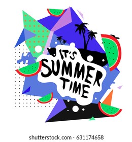 Summer time vector banner design with white abstract background for text and colorful tropical beach elements. Vector illustration template for event. 