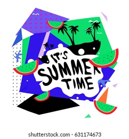 Summer time vector banner design with white abstract background for text and colorful tropical beach elements. Vector illustration template for event. 