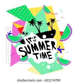 Summer time vector banner design with white abstract background for text and colorful tropical beach elements. Vector illustration template for event. 