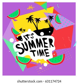 Summer time vector banner design with white abstract background for text and colorful tropical beach elements. Vector illustration template for event. 