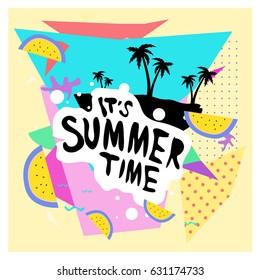 Summer time vector banner design with white abstract background for text and colorful tropical beach elements. Vector illustration template for event. 