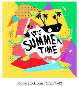 Summer time vector banner design with white abstract background for text and colorful tropical beach elements. Vector illustration template for event. 