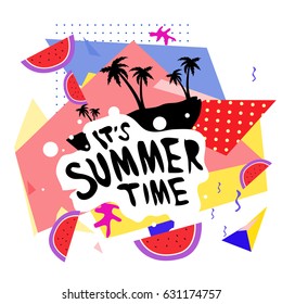 Summer time vector banner design with white abstract background for text and colorful tropical beach elements. Vector illustration template for event. 