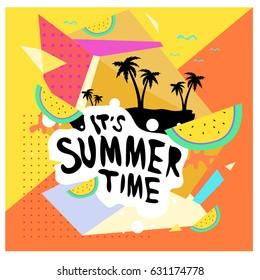 Summer time vector banner design with white abstract background for text and colorful tropical beach elements. Vector illustration template for event. 
