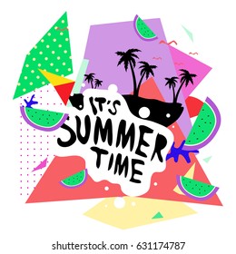 Summer time vector banner design with white abstract background for text and colorful tropical beach elements. Vector illustration template for event. 