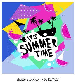 Summer time vector banner design with white abstract background for text and colorful tropical beach elements. Vector illustration template for event. 