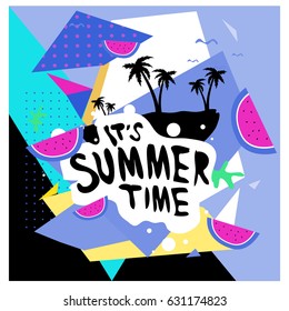 Summer time vector banner design with white abstract background for text and colorful tropical beach elements. Vector illustration template for event. 