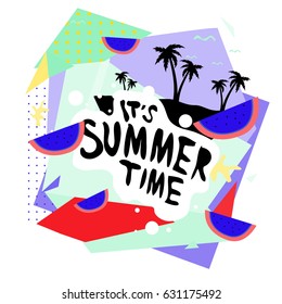 Summer time vector banner design with white abstract background for text and colorful tropical beach elements. Vector illustration template for event. 