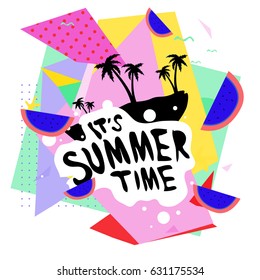 Summer time vector banner design with white abstract background for text and colorful tropical beach elements. Vector illustration template for event. 