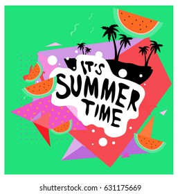 Summer time vector banner design with white abstract background for text and colorful tropical beach elements. Vector illustration template for event. 