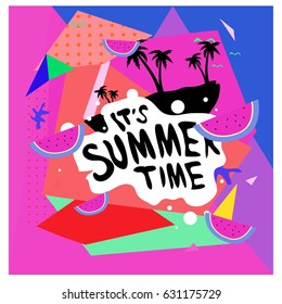 Summer time vector banner design with white abstract background for text and colorful tropical beach elements. Vector illustration template for event. 
