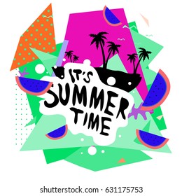 Summer time vector banner design with white abstract background for text and colorful tropical beach elements. Vector illustration template for event. 