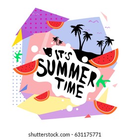 Summer time vector banner design with white abstract background for text and colorful tropical beach elements. Vector illustration template for event. 
