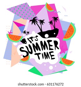 Summer time vector banner design with white abstract background for text and colorful tropical beach elements. Vector illustration template for event. 