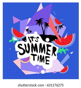 Summer time vector banner design with white abstract background for text and colorful tropical beach elements. Vector illustration template for event. 
