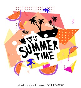 Summer time vector banner design with white abstract background for text and colorful tropical beach elements. Vector illustration template for event. 