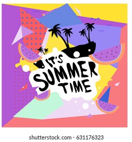 Summer time vector banner design with white abstract background for text and colorful tropical beach elements. Vector illustration template for event. 