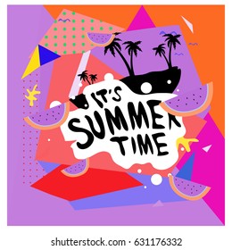 Summer time vector banner design with white abstract background for text and colorful tropical beach elements. Vector illustration template for event. 