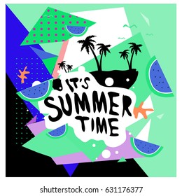 Summer time vector banner design with white abstract background for text and colorful tropical beach elements. Vector illustration template for event. 