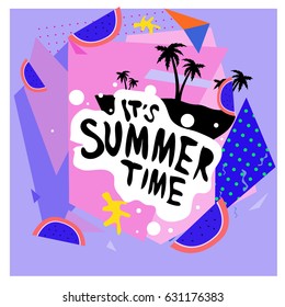 Summer time vector banner design with white abstract background for text and colorful tropical beach elements. Vector illustration template for event. 
