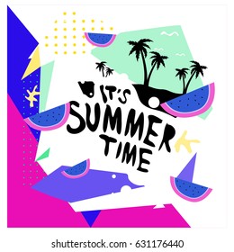 Summer time vector banner design with white abstract background for text and colorful tropical beach elements. Vector illustration template for event. 