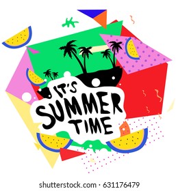 Summer time vector banner design with white abstract background for text and colorful tropical beach elements. Vector illustration template for event. 