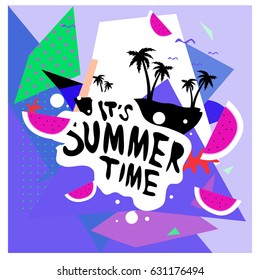Summer time vector banner design with white abstract background for text and colorful tropical beach elements. Vector illustration template for event. 