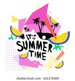 Summer time vector banner design with white abstract background for text and colorful tropical beach elements. Vector illustration template for event. 