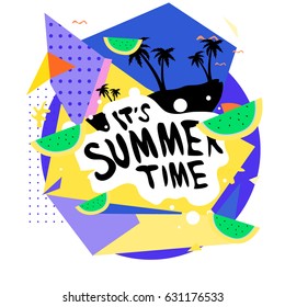 Summer time vector banner design with white abstract background for text and colorful tropical beach elements. Vector illustration template for event. 