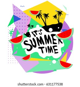 Summer time vector banner design with white abstract background for text and colorful tropical beach elements. Vector illustration template for event. 