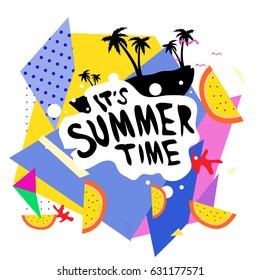 Summer time vector banner design with white abstract background for text and colorful tropical beach elements. Vector illustration template for event. 