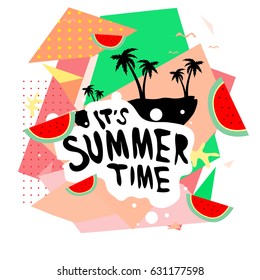 Summer time vector banner design with white abstract background for text and colorful tropical beach elements. Vector illustration template for event. 