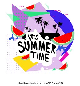 Summer time vector banner design with white abstract background for text and colorful tropical beach elements. Vector illustration template for event. 